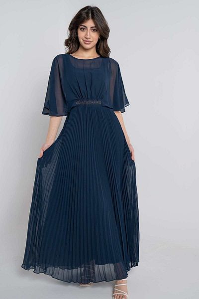 Nichii Women's Long Solid Pleated Dress with Short Open Sleeves