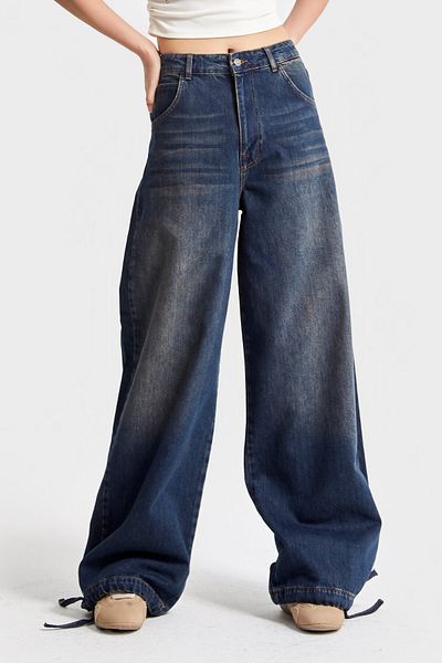 its basic Women's T.Kot Color 2W5-8 Straight Palazzo Fit Leg Lace-Up Super Loose Cut 100% Cotton Denim Jean