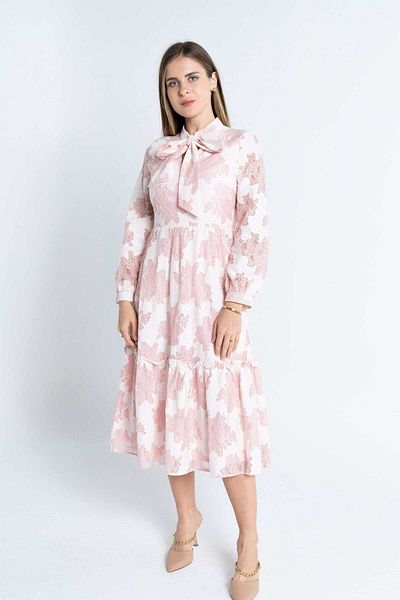 Nichii Floral Mid-Length Women's Dress with Long Sleeves and Waist Detail