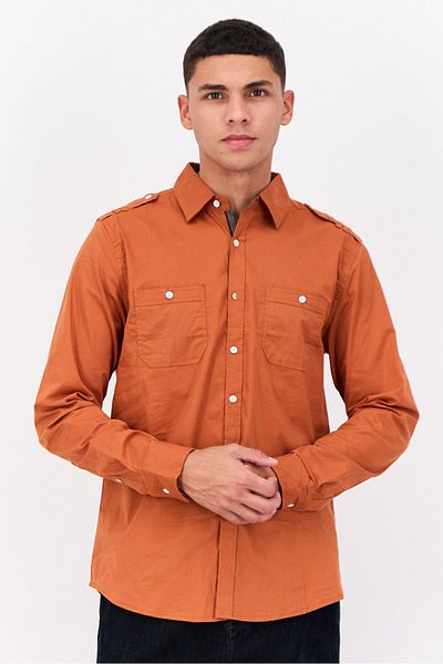 Paper Denim & Cloth Men Slim Fit Solid Long Sleeves Casual Shirt, Rust Brown
