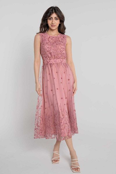 Nichii Embroidered Midi Dress with Fitted Waist and Round Neck