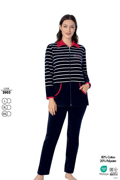 ROMEO LİFE Women's Plus Size Striped Cotton Velvet Tracksuit Set 2003