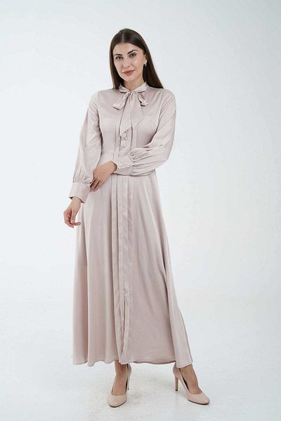 Nichii Women's Long Maxi Dress with Flared Hem and Bow Neck, Long Sleeves
