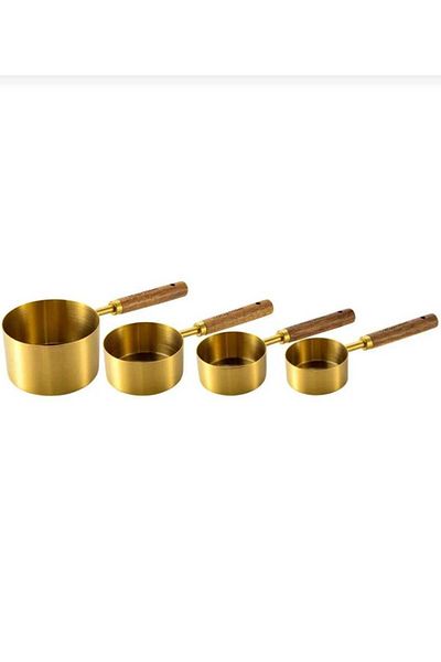 ALFAGİFT Set of 4 Gold Measuring Cups – Wooden Handle – 60 Ml, 80 Ml, 125 Ml, 250 ml