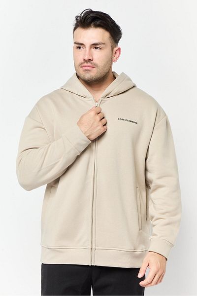 Core Elements Men Brand Logo Long Sleeves Full Zip Hoodie, Beige