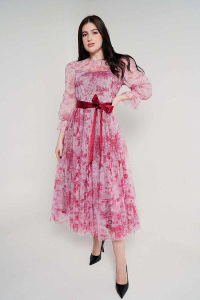 Nichii Women's Long Sleeve Sheer Midi Dress with Waist Tie