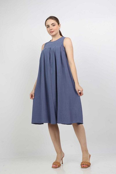 Nichii Plain Midi Dress with Pleats at Chest, Sleeveless -