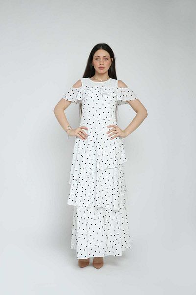 Nichii Polka Dot Layered Long Dress with Off-Shoulder and Short Sleeves