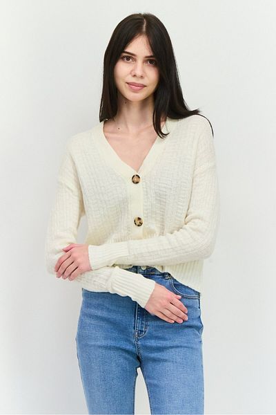 Lager 157 Women V-Neck Long Sleeves Knitted Cardigans, Cream