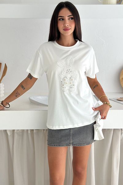 FEMELLE Tricou alb pentru femei, cu model de iepure, brodat cu margele, 100% bumbac