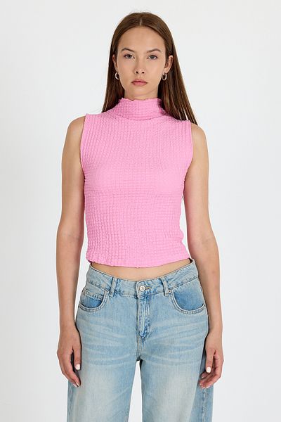 Rays Pink Wrinkle Fabric Stand Collar Sleeveless Blouse 3458