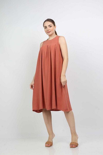 Nichii Plain Midi Dress with Pleats at Chest, Sleeveless -