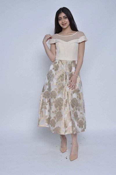 Nichii Short Sleeve Midi Dress with Sheer Panel at Bust -