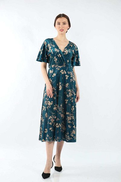 Nichii Soft Velvet Floral Midi Dress with Butterfly Sleeves and Seven Neckline