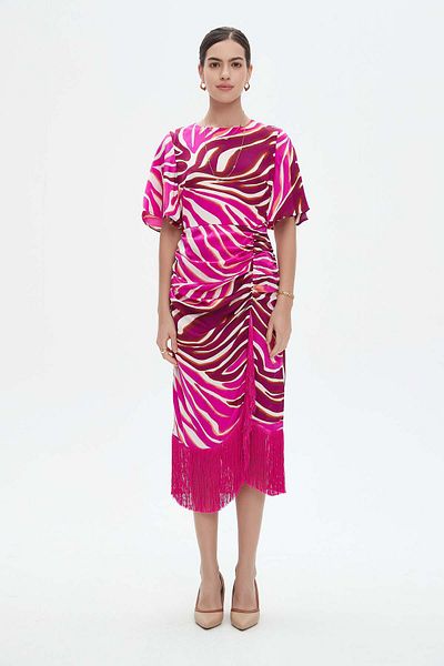 Nichii Short Sleeve Midi Dress with Tiger Print and Fringe