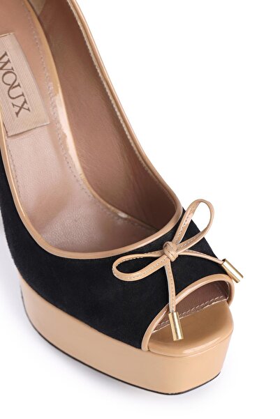 Deriderim Чорні шкіряні туфлі на платформі з бежевим каблуком і бантиком