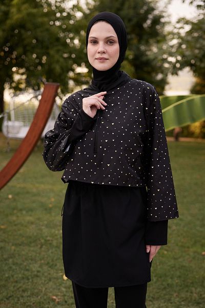 Yefrastore Women's Mini Gold Heart Printed Parachute Fabric Fully Covered 3-Piece Hijab Swimsuit Set