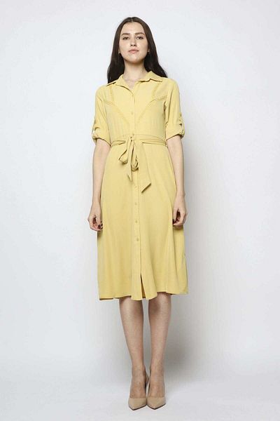 Nichii Short Sleeve Shirt Dress with Waist Tie - Midi Dress