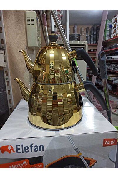 ALFAGİFT Vıcalına Paslanmaz Çelik Gold Çaydanlık Takımı - Üst 1l / Alt 2.5l - Ergonomik Siyah Saplı