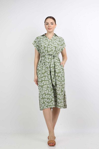 Nichii Floral Midi Dress with Side Slits and Waist Belt, Short Sleeves -