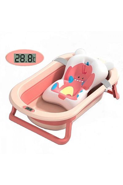 Little Mom Cadita bebelusi pliabila Little Mom Dino Pink, include o perna de siguranta detasabila, termometru c