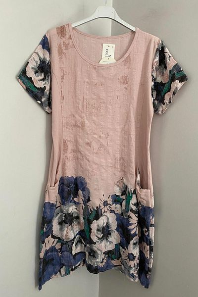 AYASOFYA OTANTIK Women's Italian Powder Wildflowers Pattern Short Sleeve Cotton Midi Dress with Bag Pocket