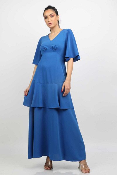 Nichii Solid Maxi Dress with Double Layer and Butterfly Sleeves