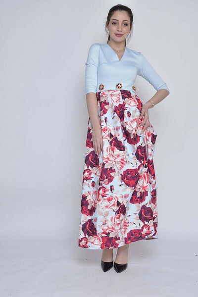 Nichii Women's Maxi Evening Dress: Fitted Bodice, Flared Skirt, 3/4 Sleeves