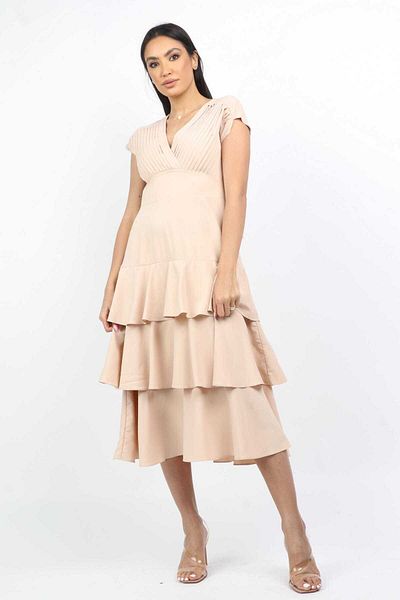 Nichii Pleated Midi Dress with Ruffled Hem and Sleeveless Design