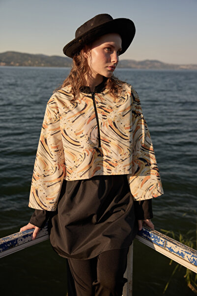 Yefrastore Women's Caramel Mixed Brush Printed Parachute Fabric Fully Covered 3-Piece Hijab Swimsuit Set