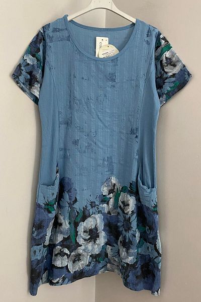 AYASOFYA OTANTIK Women's Italian Indigo Blue Wildflowers Pattern Short Sleeve Cotton Midi Dress with Bag Pockets