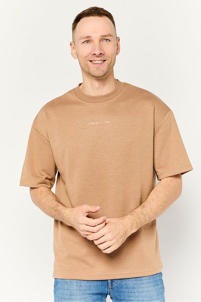 Core Elements Men Crew Neck Short Sleeve Brand Logo T-Shirts, Brown