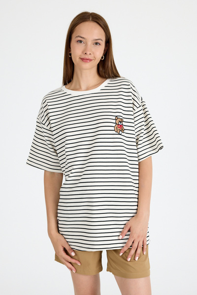 Rays Tricou oversize cu dungi brodate Ursul Negru 3083