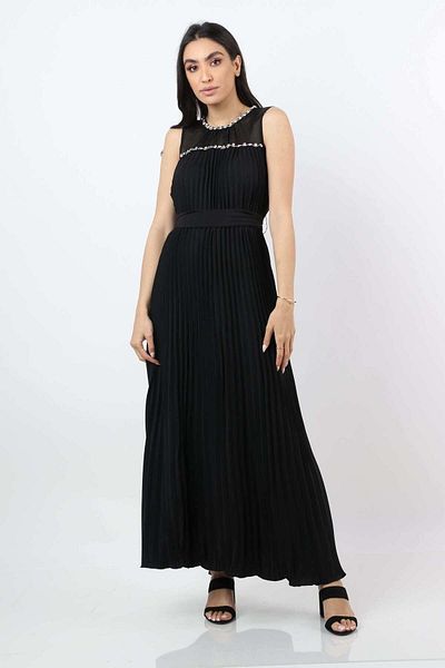 Nichii Women's Long Pleated Evening Dress with Jewelry, Sleeveless