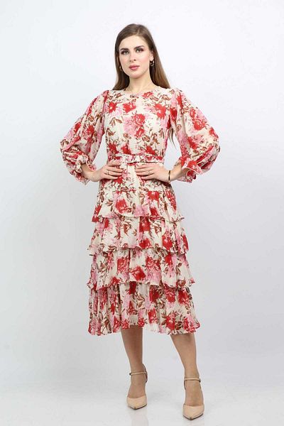 Nichii Layered Floral Print Chiffon Midi Dress with Long Sleeves