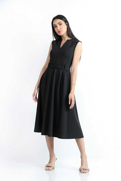 Nichii Women's Solid Midi Dress with Waist Belt, No Sleeves