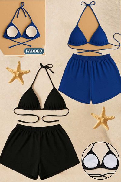 Stail Moda Women's 2-Piece Black and Blue Side and Neck Tie Triangle Bikini Shorts Nightdress Sea Team