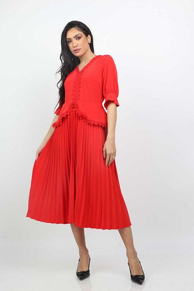 Nichii Wide Midi Dress with Lace, Short Sleeves -