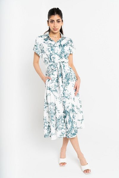 Nichii Women's Printed Midi Dress with Belt and Short Sleeves