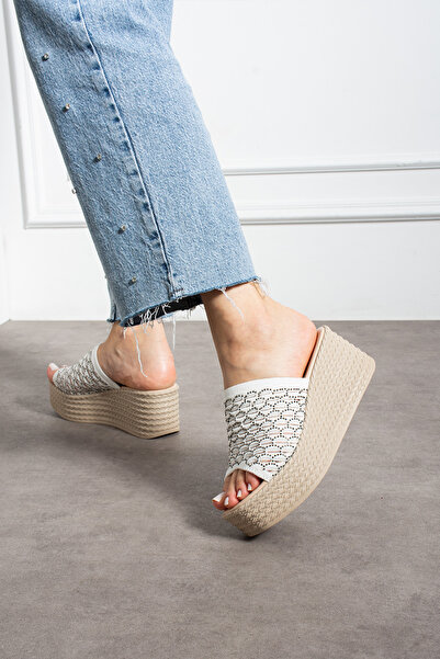 pasyone White Stone Detailed Women's High Heeled Straw Patterned Slippers