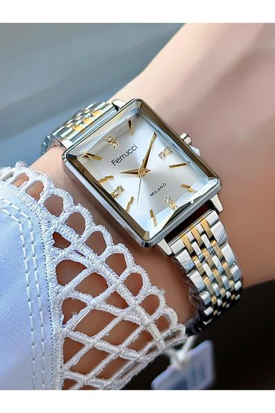 Ferrucci Milano Women's Watch – Stone Dial, Cut Glass, Rectangular Case, Two-Color Metal Cord