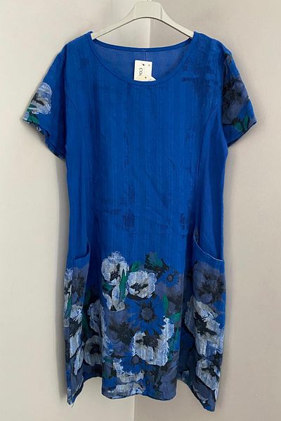 AYASOFYA OTANTIK Women's Italian Saks Blue Wildflowers Pattern Short Sleeve Cotton Midi Dress with Bag Pocket