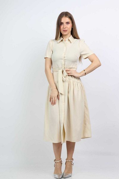 Nichii Women's Midi Shirt Dress with Collar and Short Sleeves, Waist Tie
