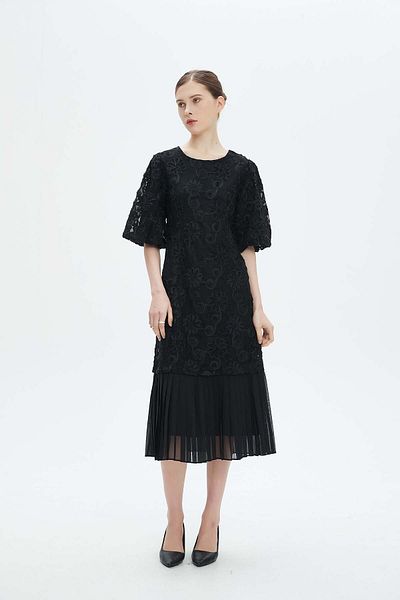 Nichii Women's Pleated Midi Dress with Half Sleeves and Fitted Waist