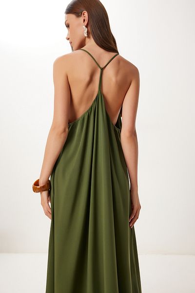 Lovelyİstanbul Καλοκαιρινό μακρύ φόρεμα βισκόζης Halter Neck HFG0003 KHAKI 40