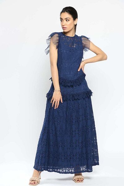 Nichii Womens' Long Lace and Tulle Dress with Two Layers, Sleeveless