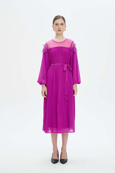 Nichii Women's Long Sleeve Midi Dress with Fitted Pleats