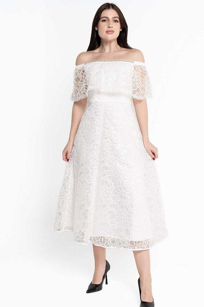 Nichii Shiny Off-Shoulder Short Sleeve Midi Dress