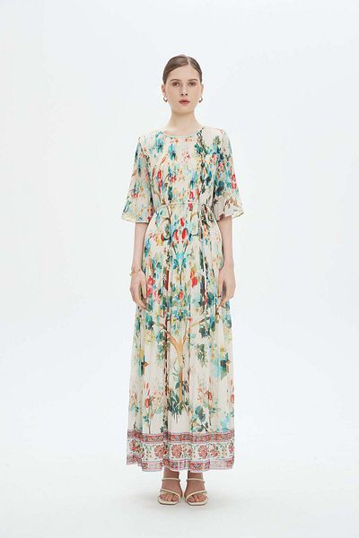 Nichii Printed Butterfly Half-Sleeve Cinched Dress