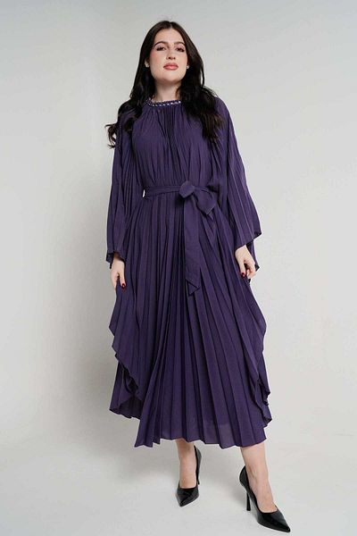 Nichii Women's Midi Dress with Pleats and Long Sleeves, Waist Tie